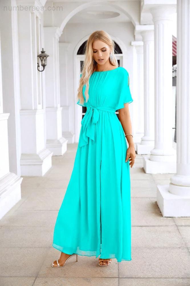 Ladies Chiffon Sleeve Crew Neck Front Slit Floor Length Bridesmaid Evening Dress Wedding Party Evening Dress 28124 (ZD17007)
