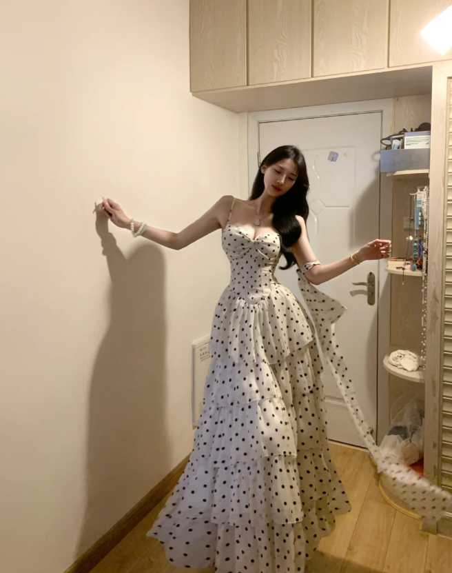Cute Spaghetti Straps White Chiffon Dot Layered A Line Long Prom Gown Formal Birthday Party Dress - View 3 | VelvetHem