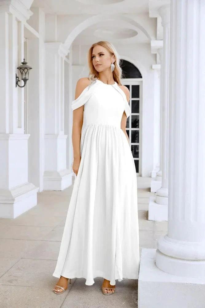 Ladies Chiffon Off Shoulder Swing Sleeve Front Slit Bridesmaid Evening Dress Wedding Party Evening Dress 28117 by numbersea