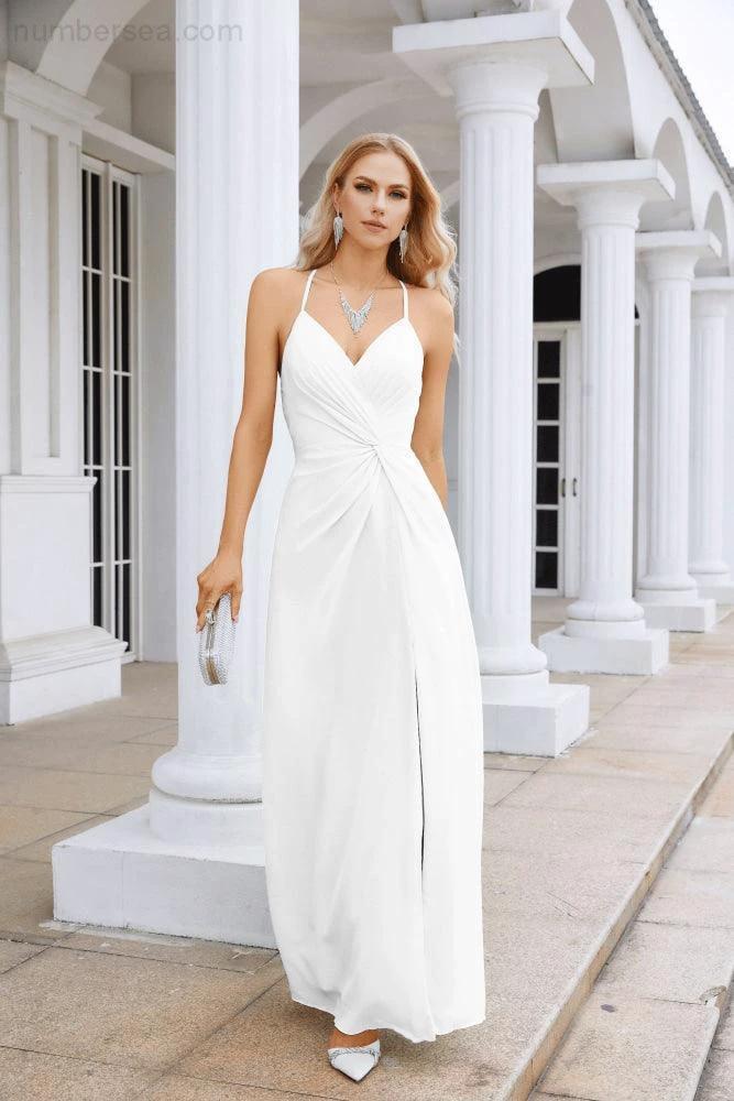 Ladies Chiffon Spaghetti Strap V Neck Front Slit Floor Length Bridesmaid Evening Dress Prom Party Wedding Evening Dress 28116 (ZD17012)