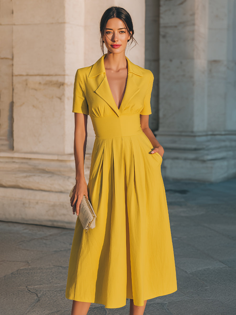 Collared Short-Sleeve Midi Dress With Structured Waist