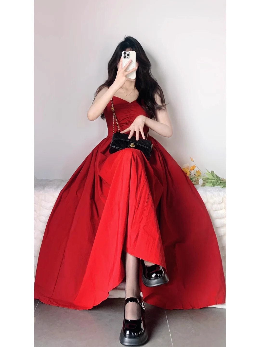 Chic A Line Spaghetti Straps Red Backless Ruffles Long Prom Dresses Birthday Outfits - VelvetHem