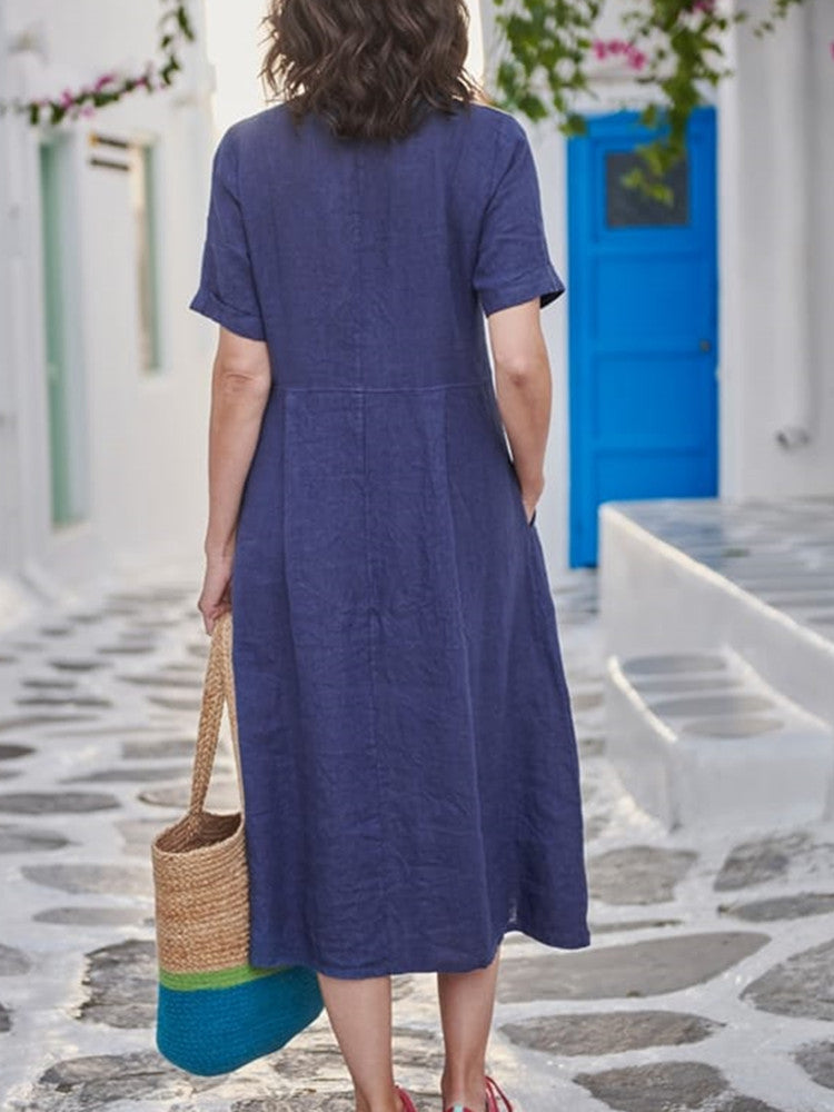 V Neck Linen Button Down Midi Dress with Pocket In Navy