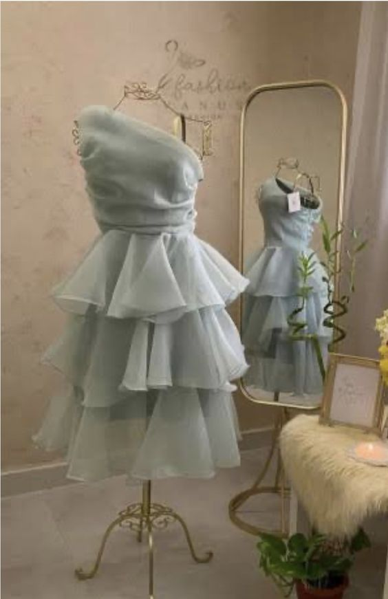 Elegant One Shoulder Blue Layered Homecoming Dress Mini Party Gown