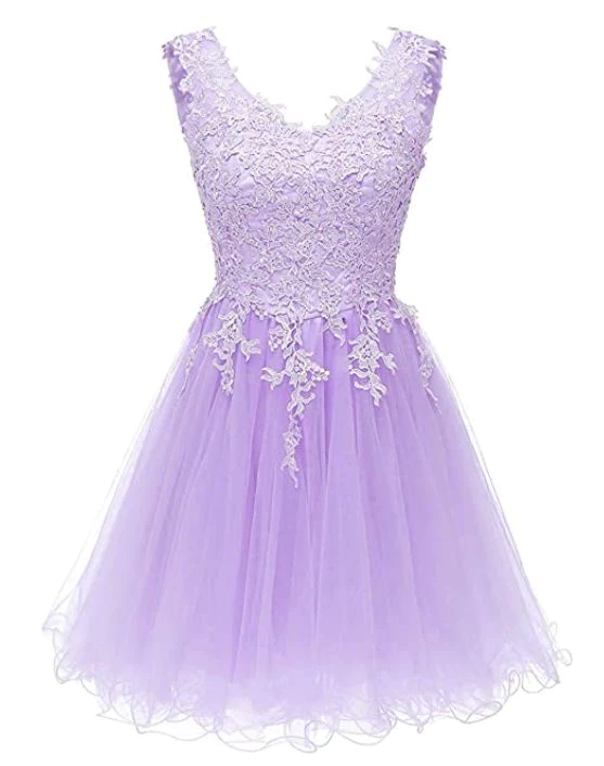 Light Purple Tulle Short Homecoming Dress, Lavender Applique Prom Dress Formal Dress