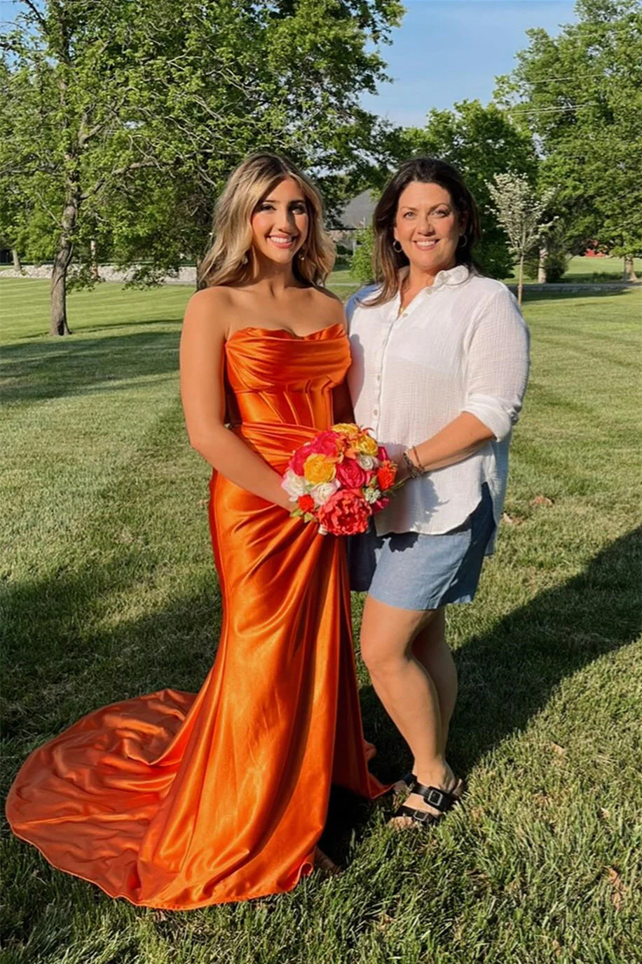 Beautiful Orange Strapless Pleated Slit Evening Dress Mermaid Prom Party Dress