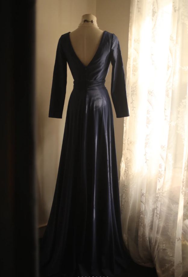 Elegant V Neck Navy Blue Satin Mermaid Long Wedding Guest Dress Formal Birthday Evening Dress - View 7 | VelvetHem