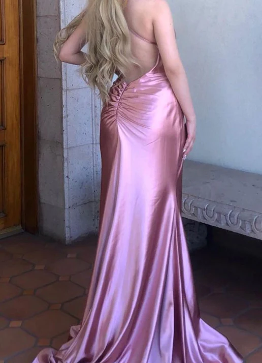 Classy Pink V Neck Satin Pleated Mermaid Long Wedding Guest Dress Backless Evening Dress - View 2 | VelvetHem