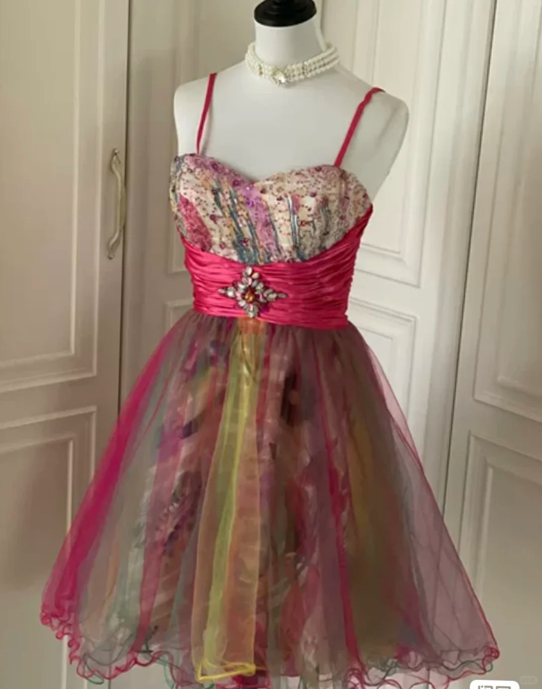 Unique Spaghetti Straps Tulle Sequin A Line Homecoming Dress Mini Party Dress - VelvetHem
