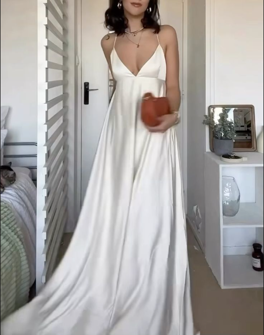 Simple Straps V Neck A Line Party Dress White Satin Prom Dress - VelvetHem