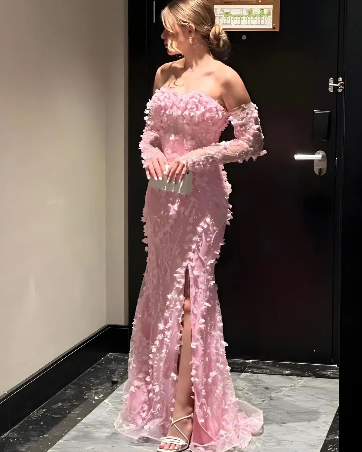 Elegant Pink Strapless Tulle Appliques Beaded Slit Mermaid Evening Dress Long Party Dress - View 2 | VelvetHem