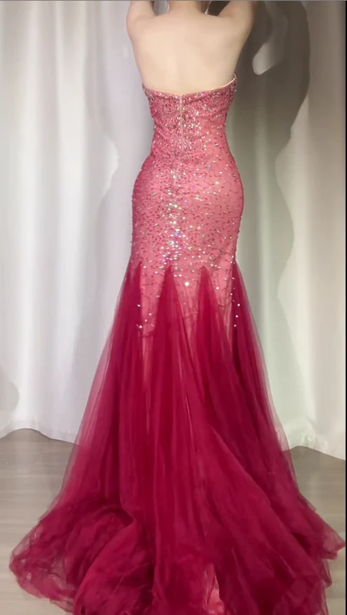 Sparkly Burgundy Strapless Tulle Beaded Mermaid Long Evening Dress Formal Birthday Party Dress - View 4 | VelvetHem