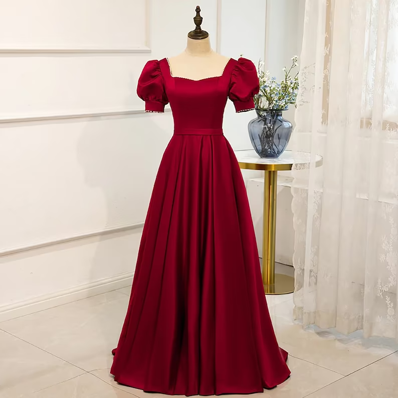 Red Satin Prom Dress Red Dress Puff Sleeve Victorian Dress - VelvetHem