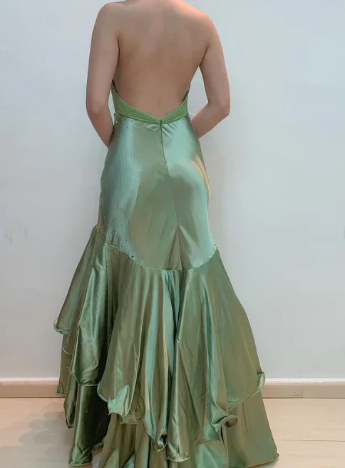 Vintage Sage Green Halter V Neck Satin Beaded Mermaid Prom Dress Long Evening Dress