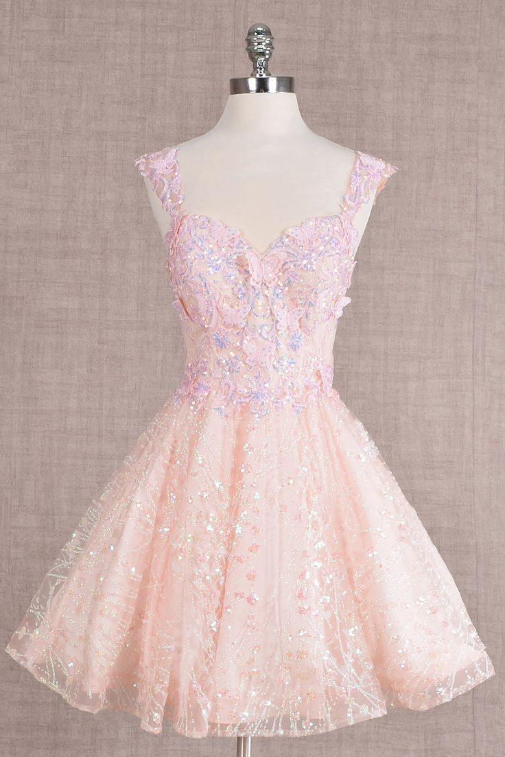 Pretty Pink Tulle Lace Butterfly Applique A Line Short Birthday Outfits Formal Homecoming Dress - VelvetHem