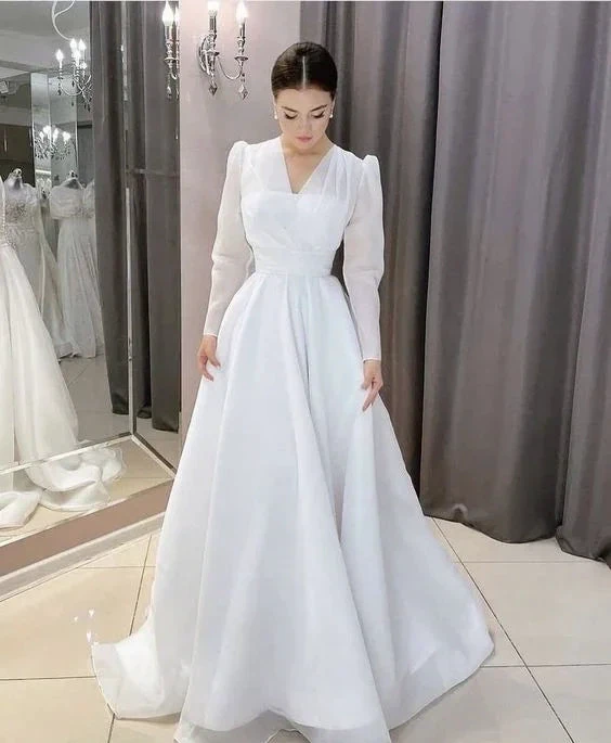 Modest White A-line Long Sleeves Wedding Dress,White Bridal Dress (ZD13694)