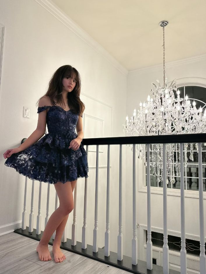 Sexy Off The Shoulder Tulle Lace Layered Homecoming Dress,Navy Blue Short Prom Dress - VelvetHem