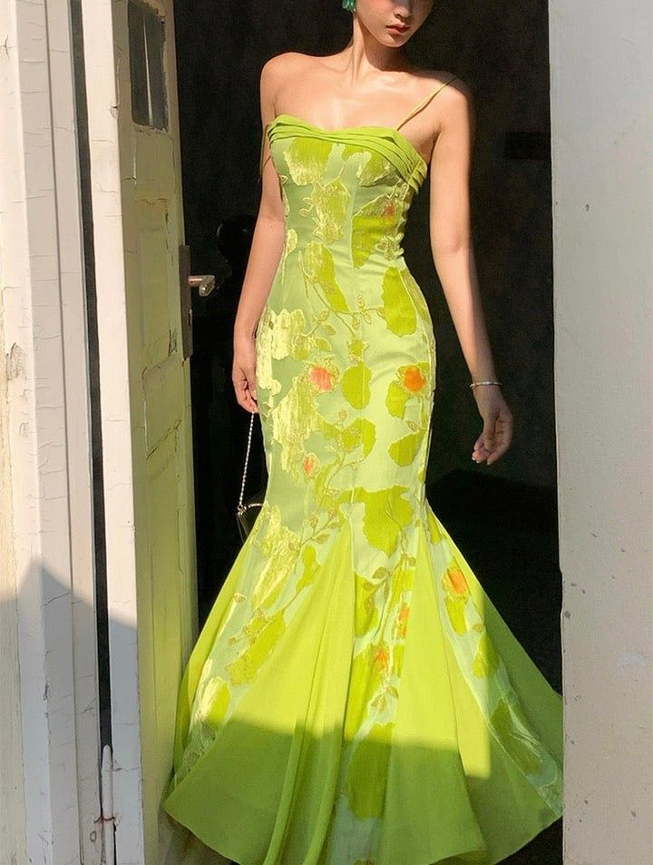 Gorgeous Spaghetti Straps Green Satin Print Floral Mermaid Party Dress Long Birthday Prom Dresses