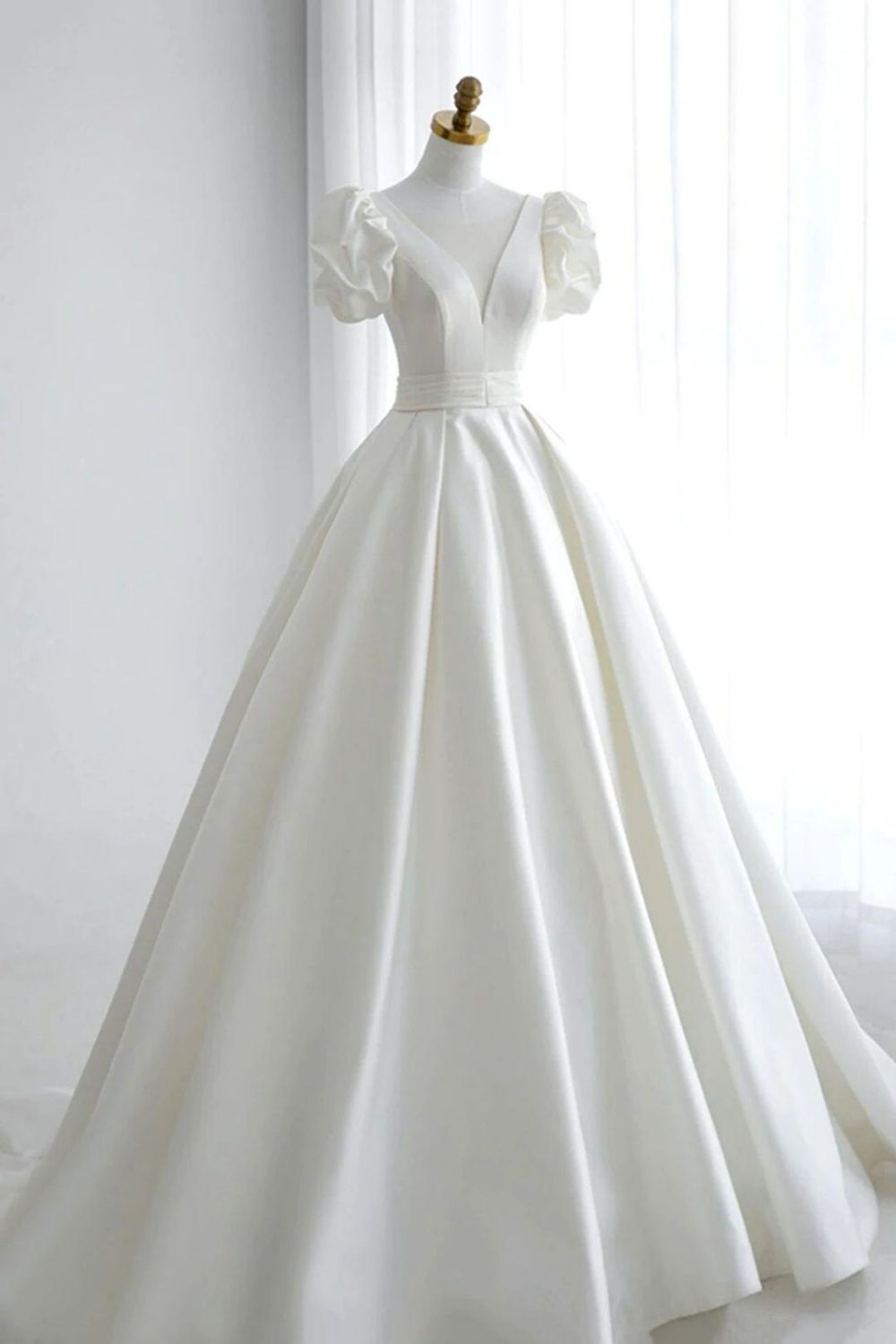 Elegant A Line V Neck White Wedding Dress with Short Sleeves - VelvetHem