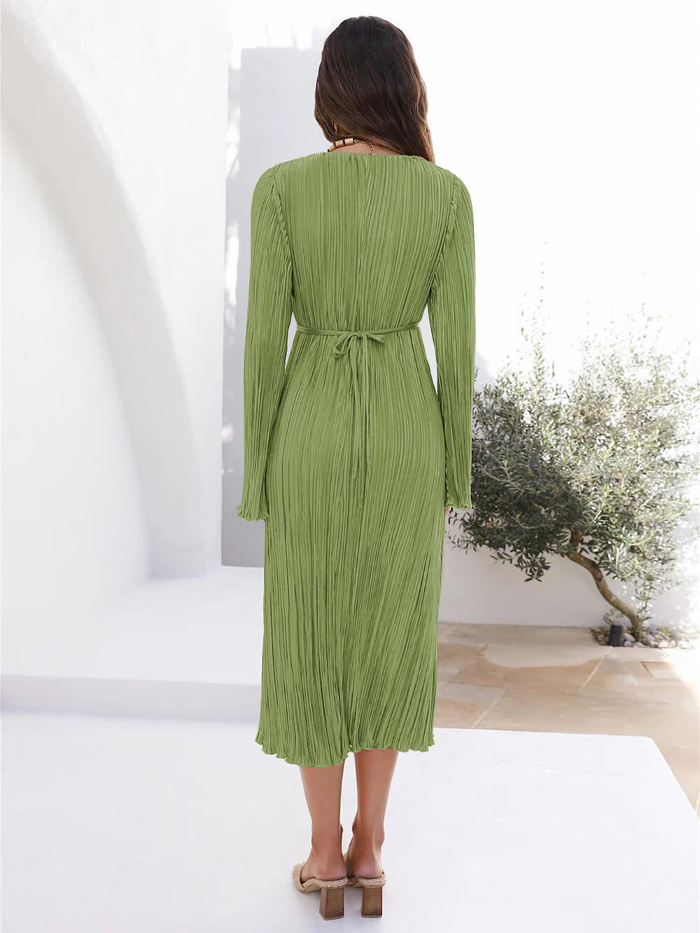 Mountain Vistas Draped Pleated Bell Sleeve Midi Dress
