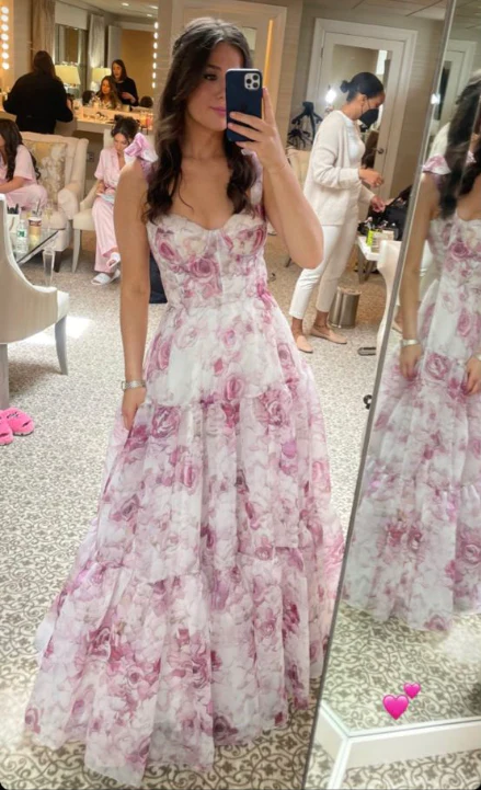 Classy Rose Print Floral Chiffon A Line Prom Evening Dress,Long Party Gown - View 4 | VelvetHem