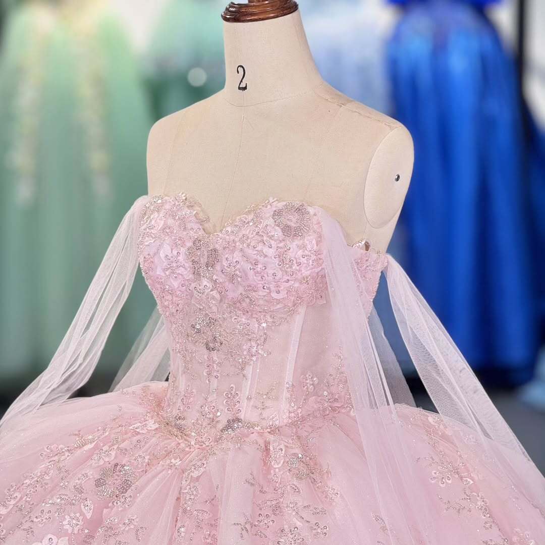 Elegant A Line Spaghetti Straps Pink Ball Gown Quinceanera Dress with Appliques Beading - View 3 | VelvetHem