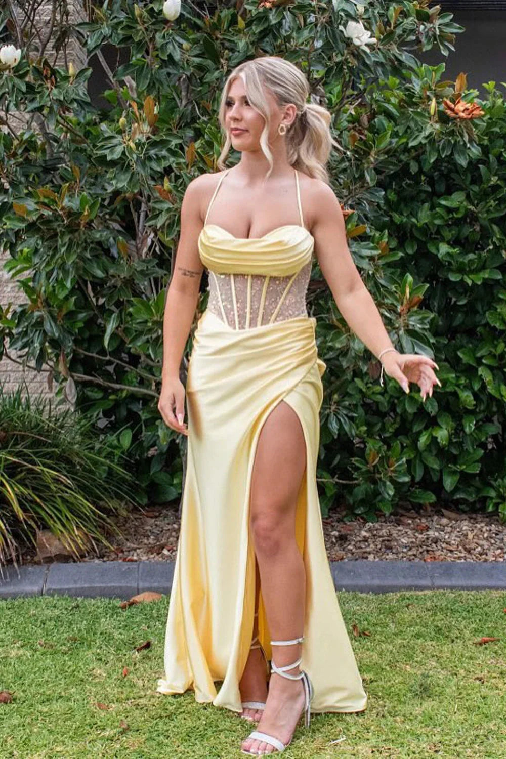 Trendy Mermaid Spaghetti Straps Green Corset Prom Dress with Split Front - View 4 | VelvetHem