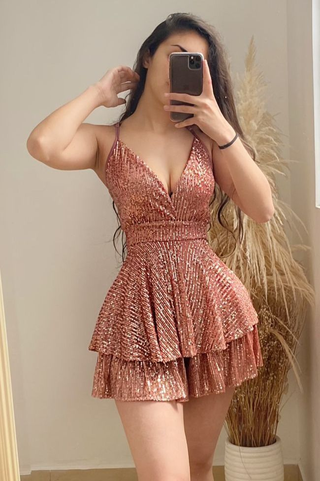 A-line V Neck Sequins Homecoming Dress,Graduation Dress Y2550 - VelvetHem