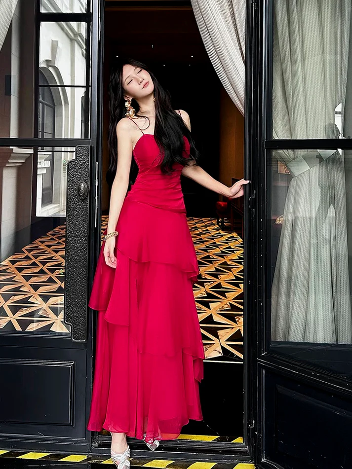 Beautiful Red Chiffon Layered Evening Dress Spaghetti Straps Prom Party Dress