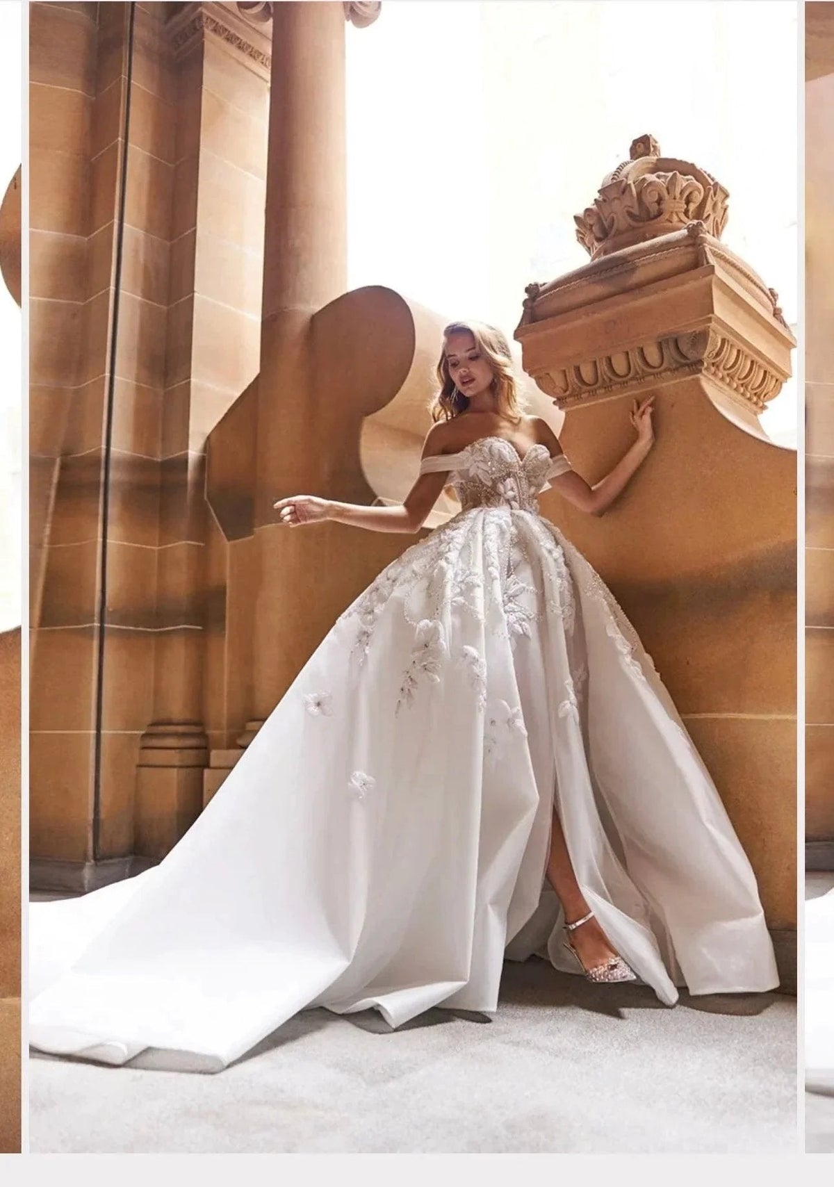 Long Ball Gown Off the Shoulder Sequined Applique Lace Wedding Dresses with Slit (ZD14489) - VelvetHem