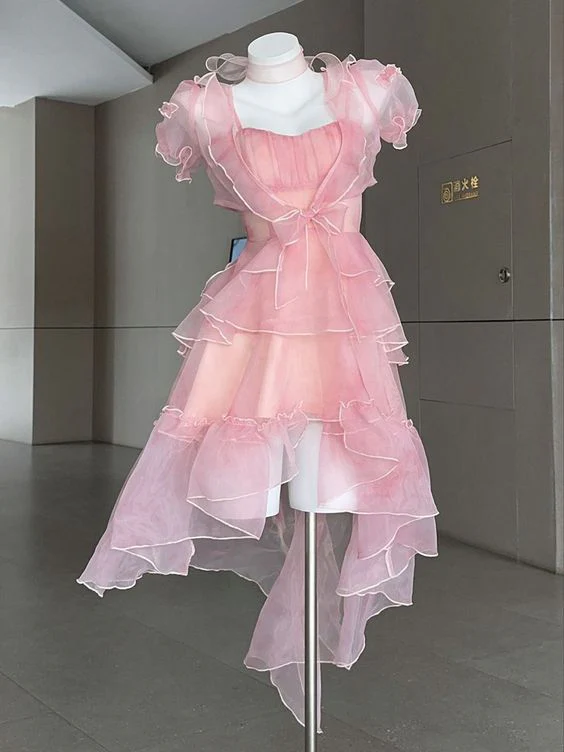 Flowing Pink Tulle Layered Homecoming Dress Short Prom Dress - VelvetHem