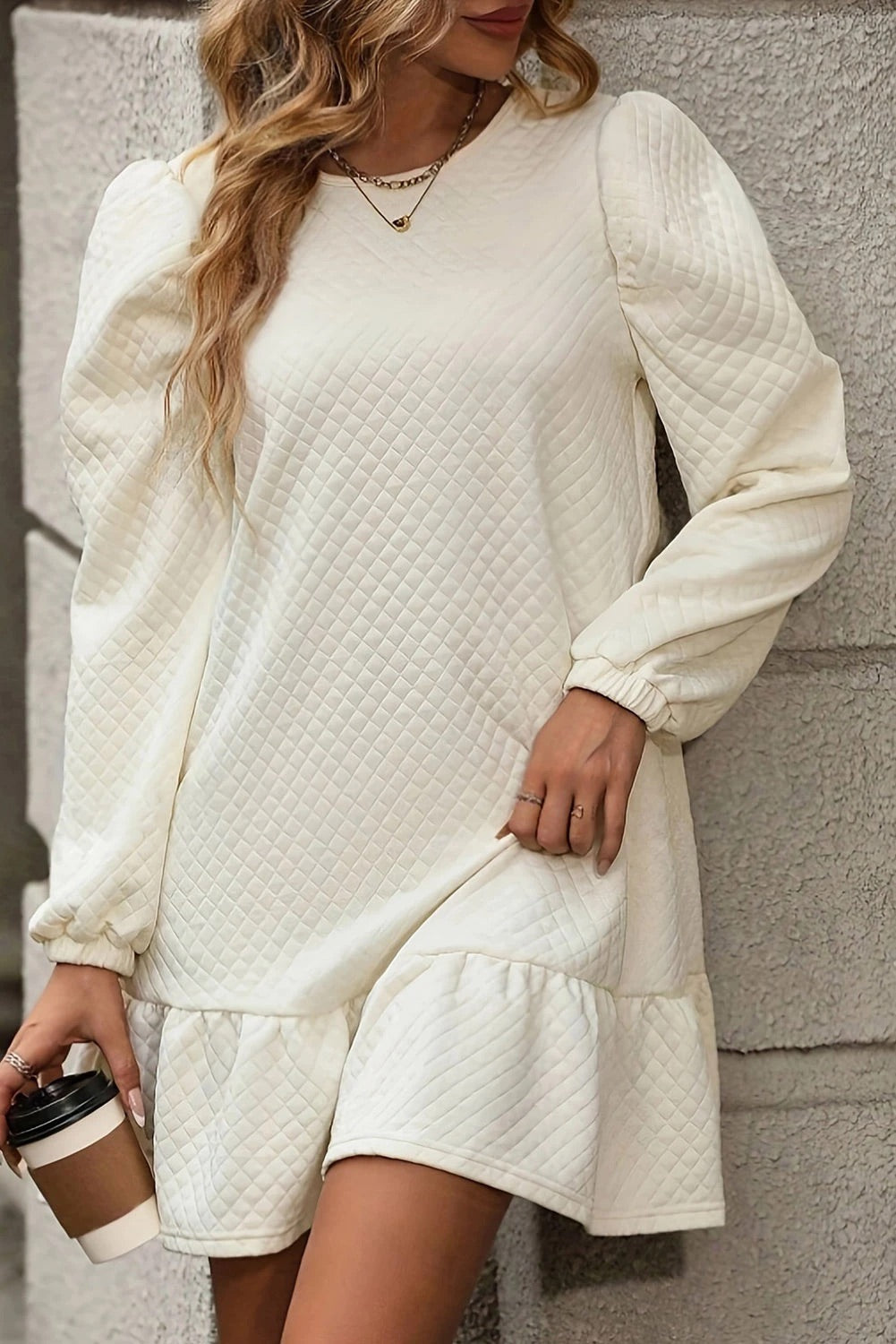 Ariana Effortless White Structured Mini Dress with Ruffle Hem and Grid Pattern Elevated Occasion Wear