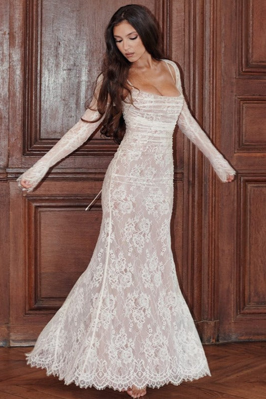 Crochet Lace Tie Back Long Sleeve Maxi Floral Dress