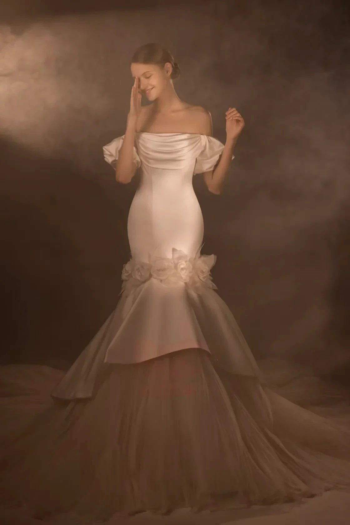 Gorgeous Long Mermaid Off-the-Shoulder Puff Sleeve Satin Wedding Dress with 3D Flower & Lace-Up Back & Tulle Train (ZD16908)