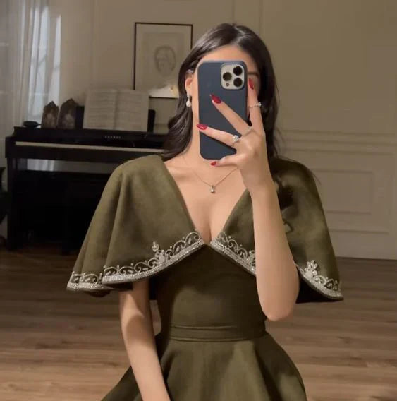 Retro Style V Neck Long Prom Dress,Winter Dance Dress