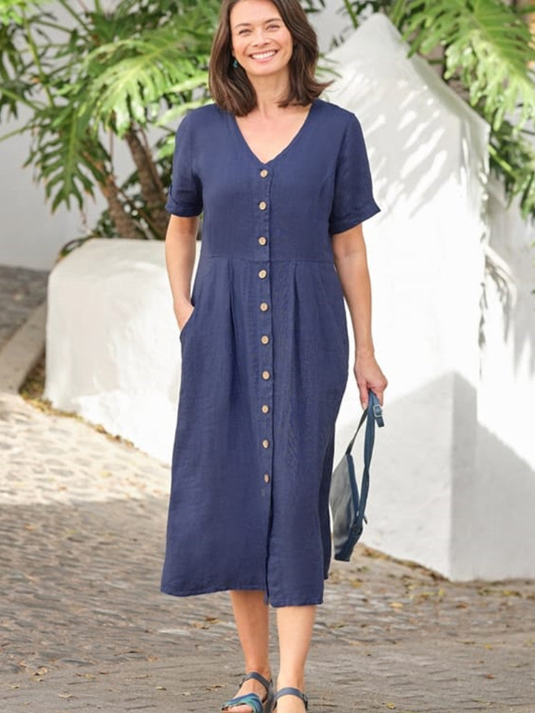 V Neck Linen Button Down Midi Dress with Pocket In Navy