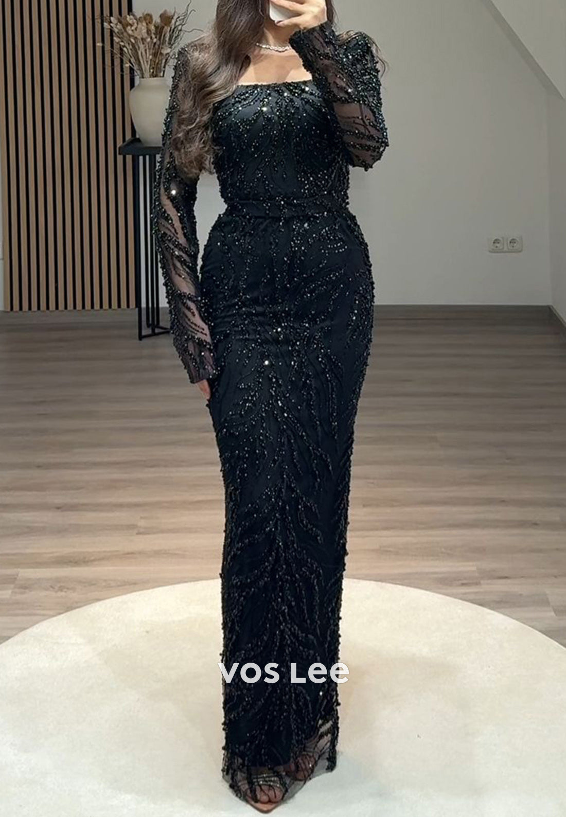 Full Beaded Square Evening Dress Long Sleeves Sheath Formal Party Gown - View 4 | VelvetHem
