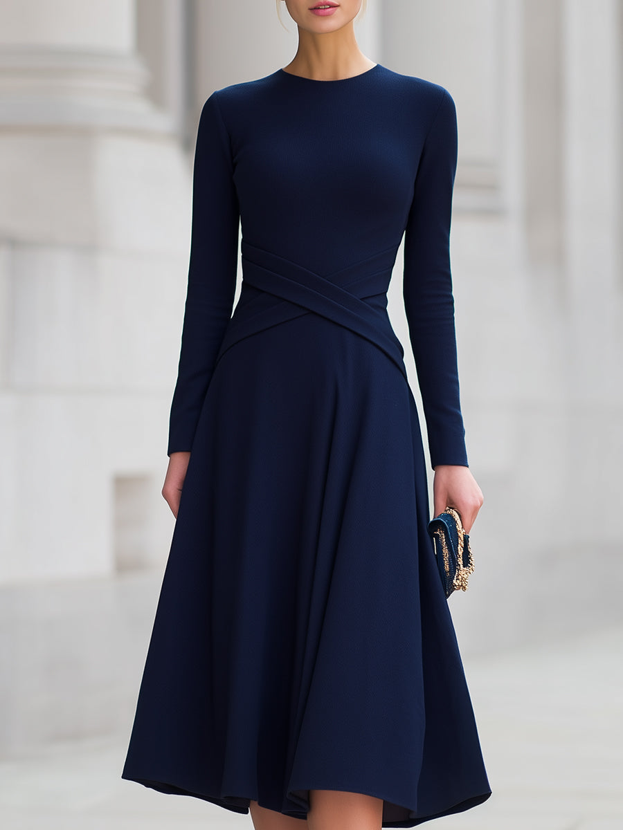 Elegant Navy Long Sleeve Fit & Flare Midi Dress