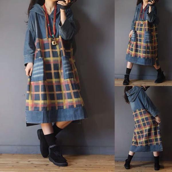 Vintage Spliced Hooded Dresses Female Spring Irregular Length Dress