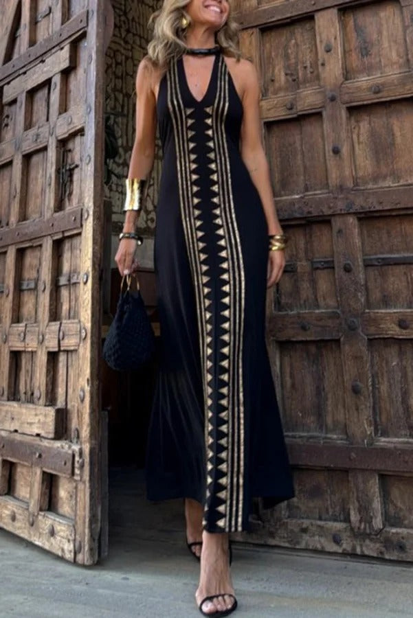Irina Timeless Meret Gold Geometric Print Backless Halter Neck Stretch Maxi Dress Boutique Collection