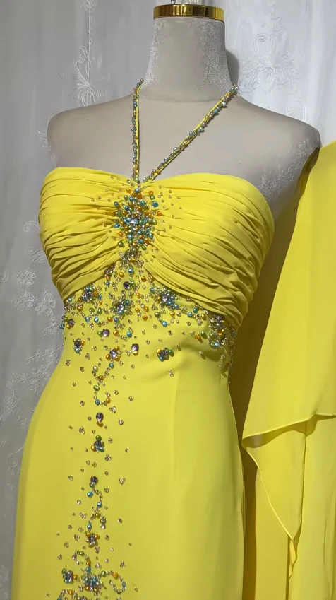 Stunning Yellow Halter Neck Sheath Chiffon Beaded Hi-Lo Prom Dresses Elegant Wedding Guest Dresses - View 2 | VelvetHem