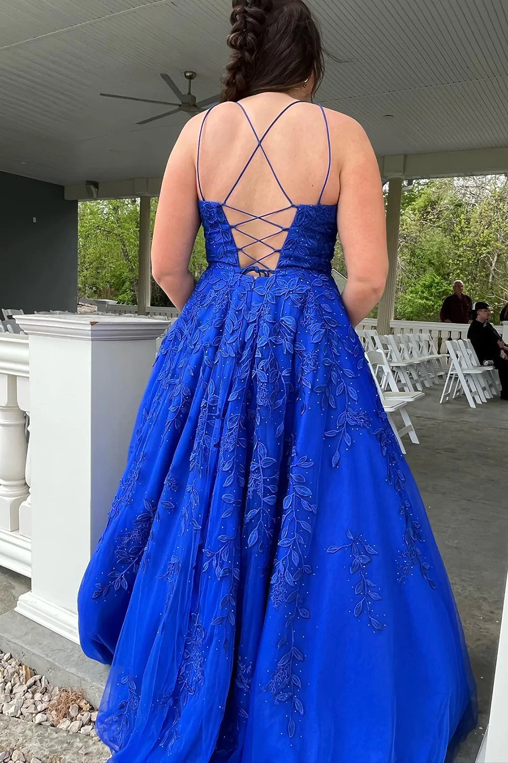 Princess A Line Spaghetti Straps Purple Long Prom Dress with Appliques