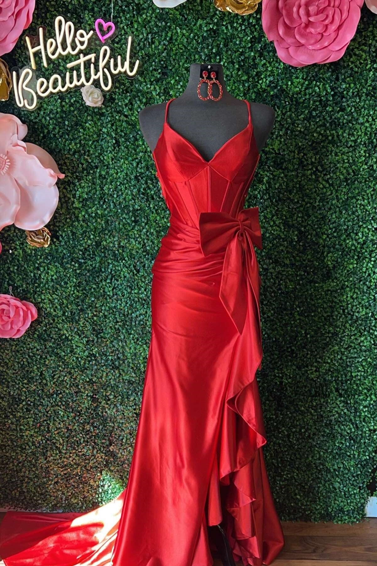 Lovely Pink Mermaid Lace Up Long Satin Prom Dress with Bowknot and Slit