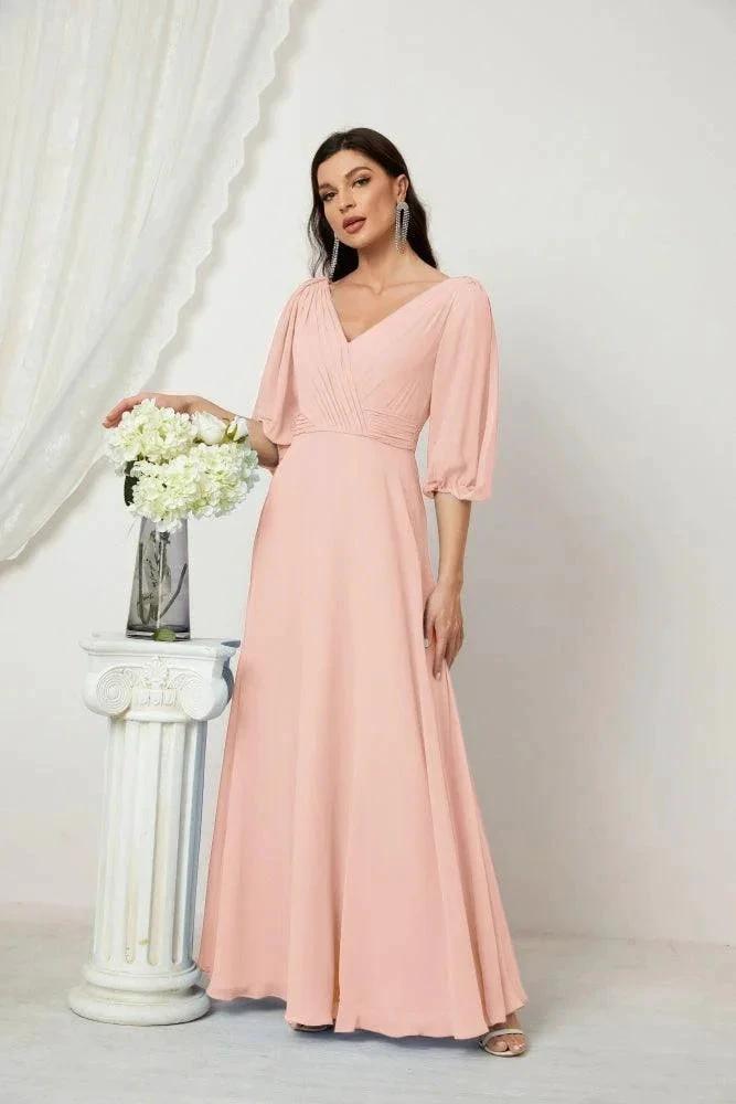 Numbersea Formal Prom Gown Women V-Neck Chiffon Bridesmaid Dresses Long Bishop Sleeve Party Dress 2807 by numbersea