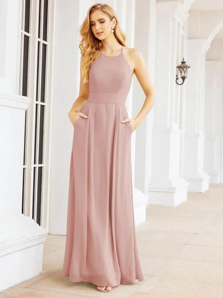Numbersea Halter Bridesmaid Dresses with Pockets Sleeveless Formal Evening Party Prom Gowns 28055 by numbersea