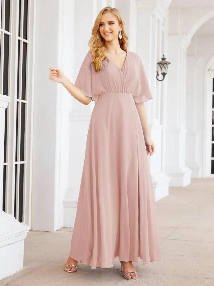 Numbersea V-Neck Bridesmaid Dress Chiffon Long Open Back Formal Dresses for Women Party Evening 28067 by numbersea