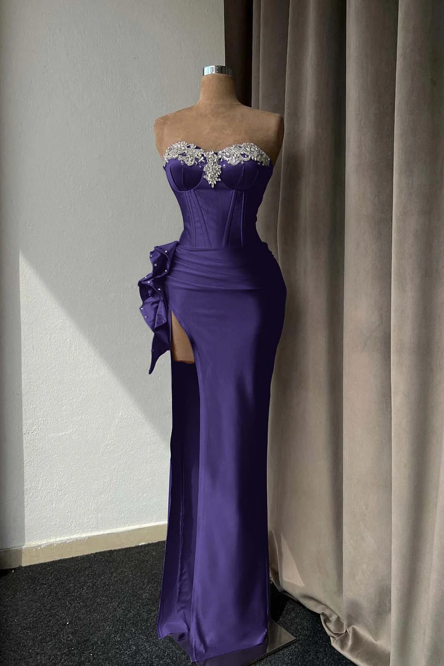Luxurious Pink Strapless Beaded Slit Evening Dress Sheath Prom Dress - View 3 | VelvetHem