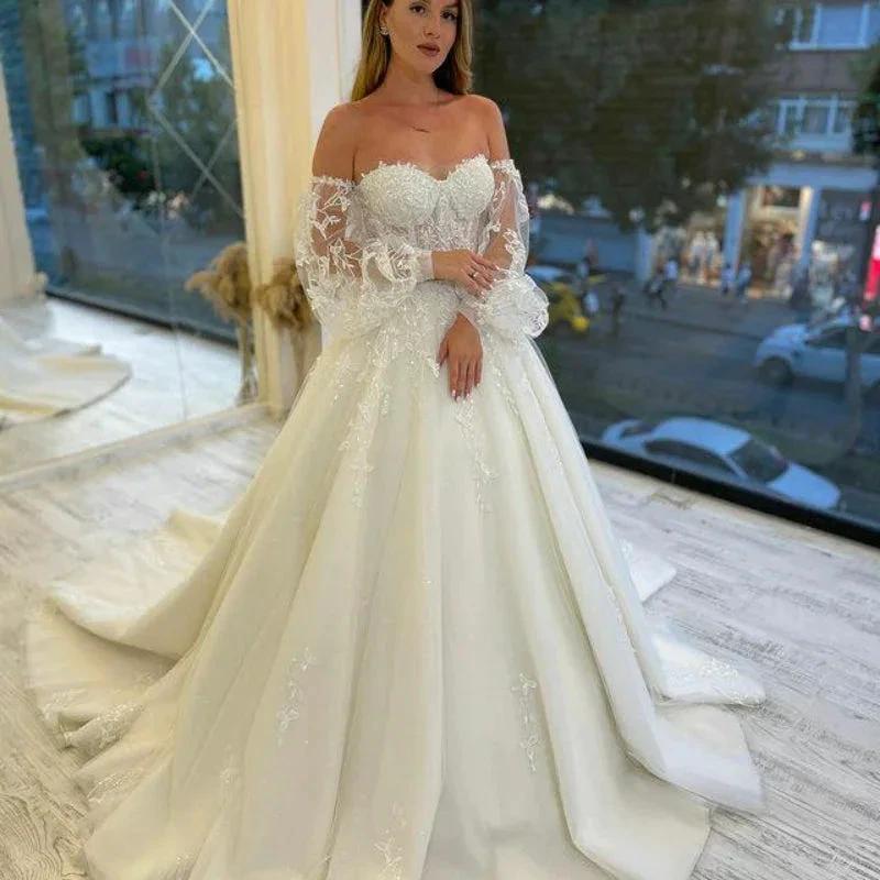 Sweetheart Tulle Wedding Dresses Off Shoulder Lace Up Appliqued Beaded Vestido De Noiva 2022 Puffed sleeves Lace Bridal Dress (ZD14128) - VelvetHem