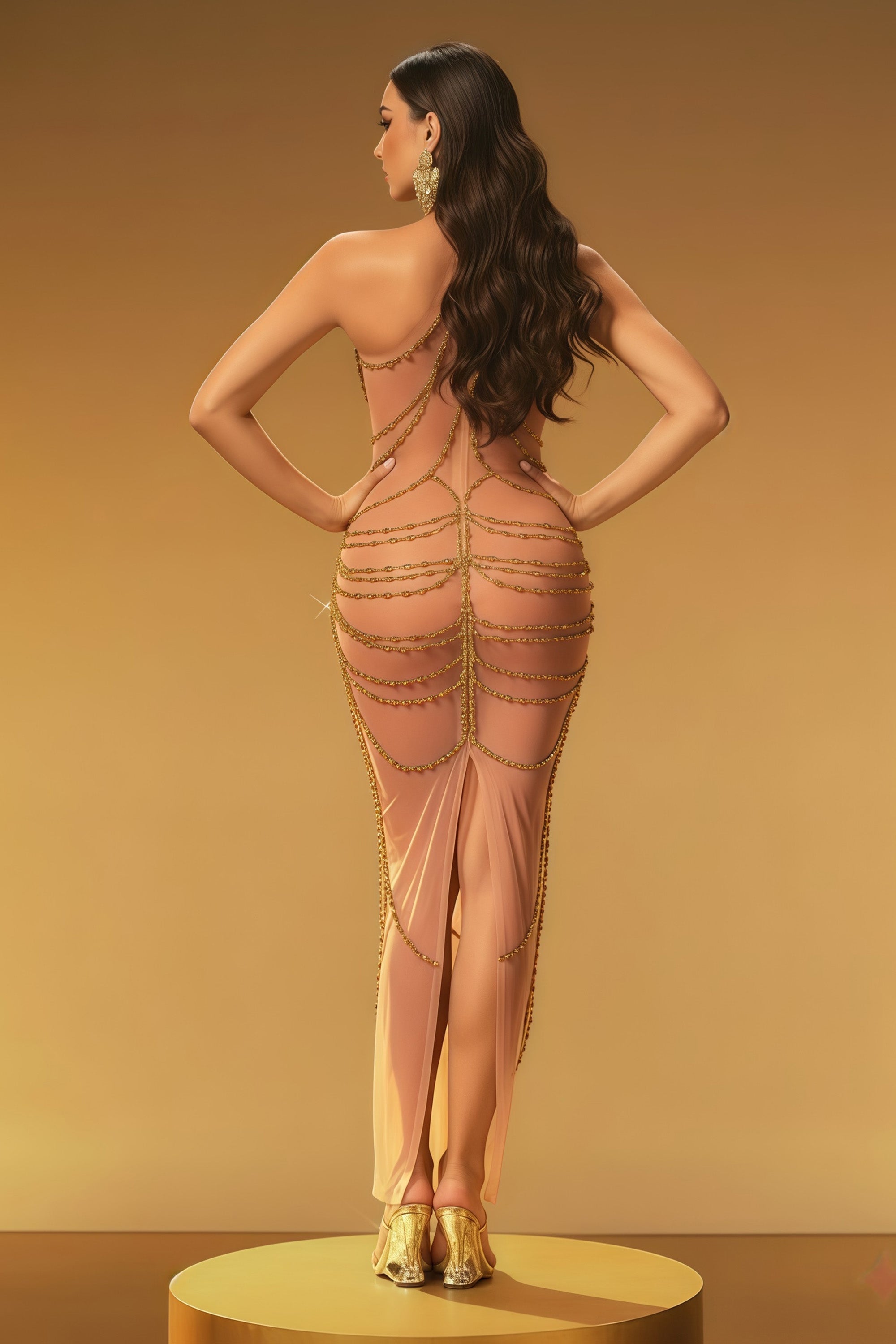 Gold Chain Embellished Illusion Mesh Maxi Gown