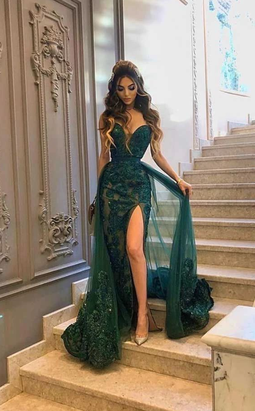 Vintage Green Tulle Appliques Mermaid Evening Dress Elegant Slit Party Prom Dress - View 2 | VelvetHem